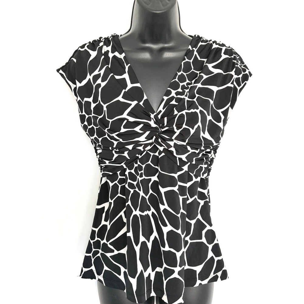 Vintage Style Giraffe Print Knot Front Ruched Top Size S/P Black White